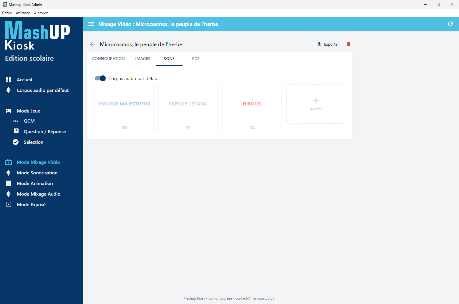 L'administration Mashup Kiosk – les sons d'un corpus, triés par type