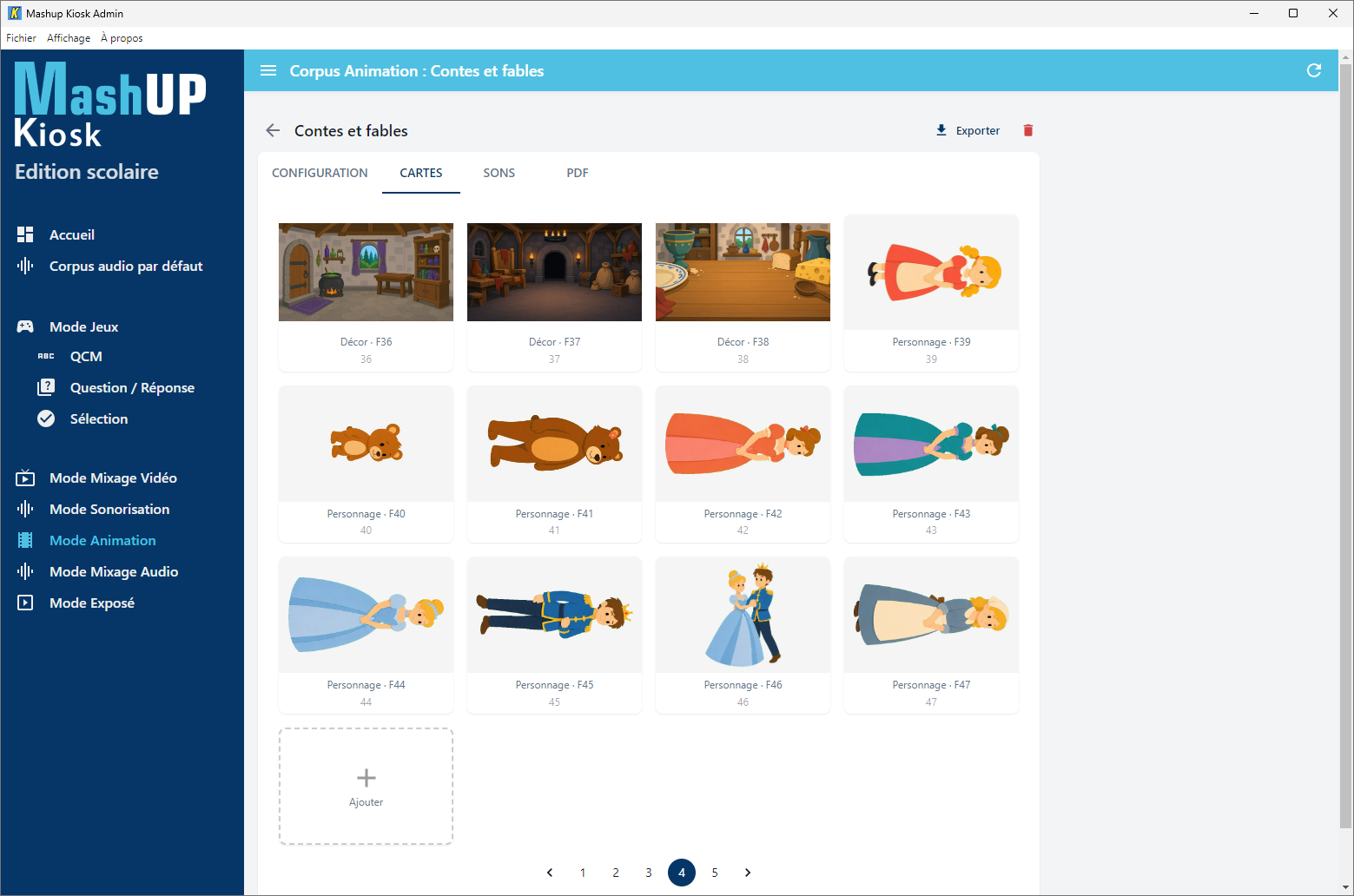 Interface d'administration Mashup Kiosk – Corpus Animation, cartes typées