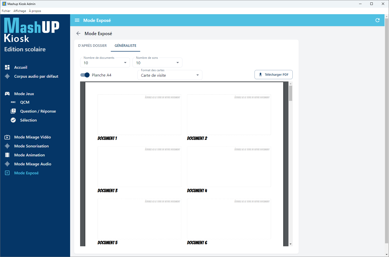 L'administration Mashup Kiosk, section Mode Exposé : la planche des cartes Document