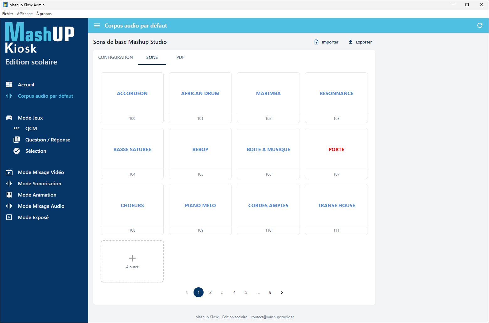 L'administration Mashup Kiosk – Corpus audio par défaut, les sons de base