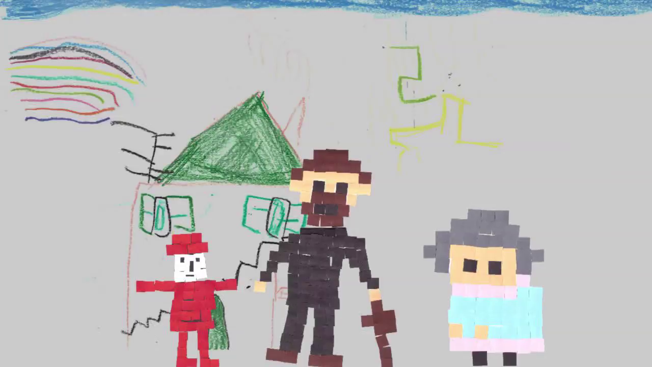 Un film d'animation réalisé par des élèves : trois personnages en papier découpé devant une maison dessinée